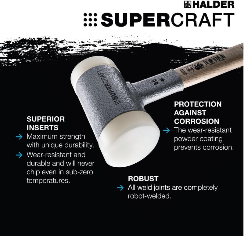 Halder SuperCraft Soft-Faced Mallet 3366.240 - Non-Rebound Hammer with Rounded Nylon Insert, Overstrike Protector, Varnished Hickory Handle, Vibration-Dampening, 40mm, 1.6 lbs. - Image 4